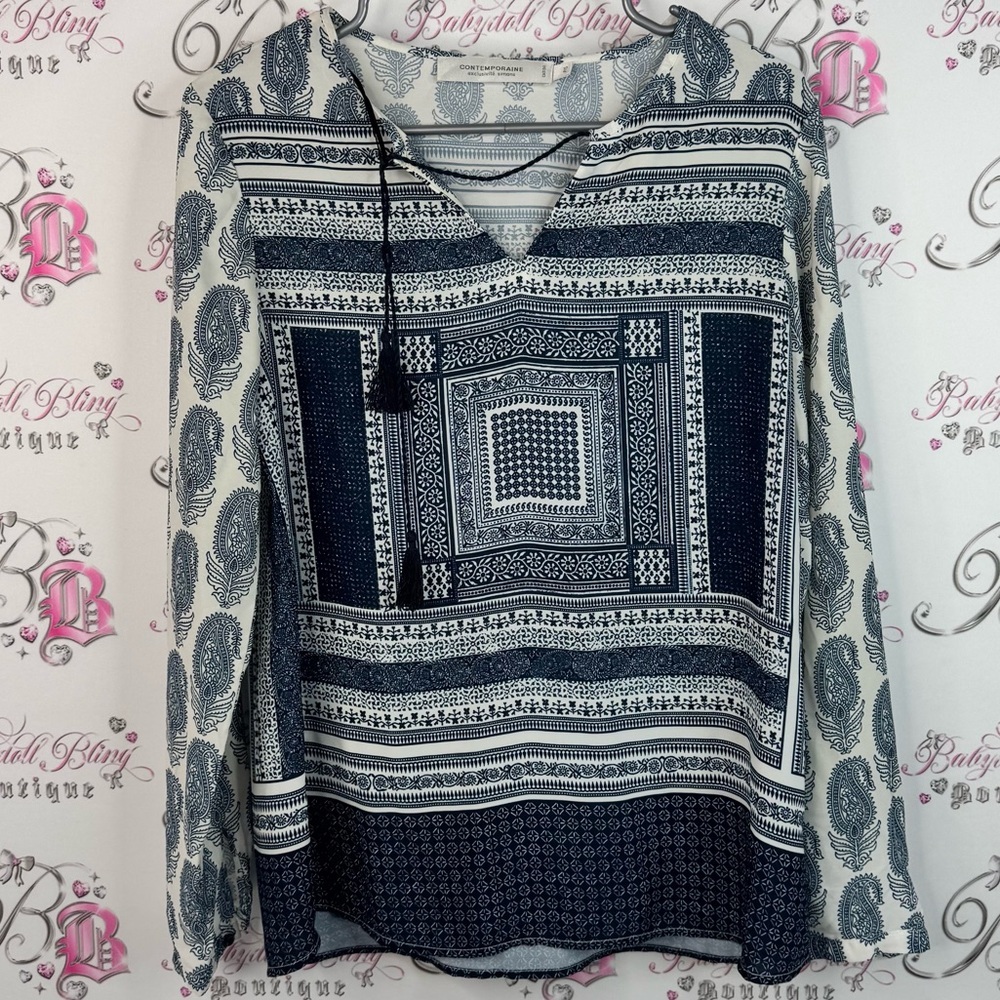 Simons contemporaine long sleeve tassle paisley Navy and White Patterned Blouse